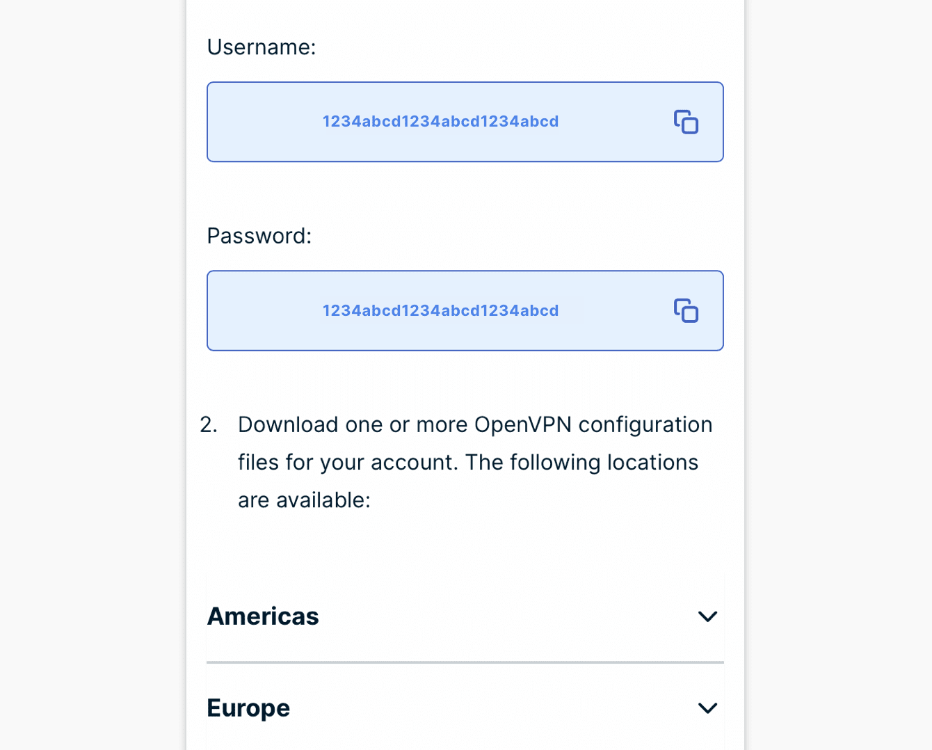 ซึ่งได้เลือก OpenVPN เอาไว้ให้คุณ คุณจะเห็น ชื่อผู้ใช้งาน รหัสผ่าน และรายการไฟล์การกำหนดค่า OpenVPN